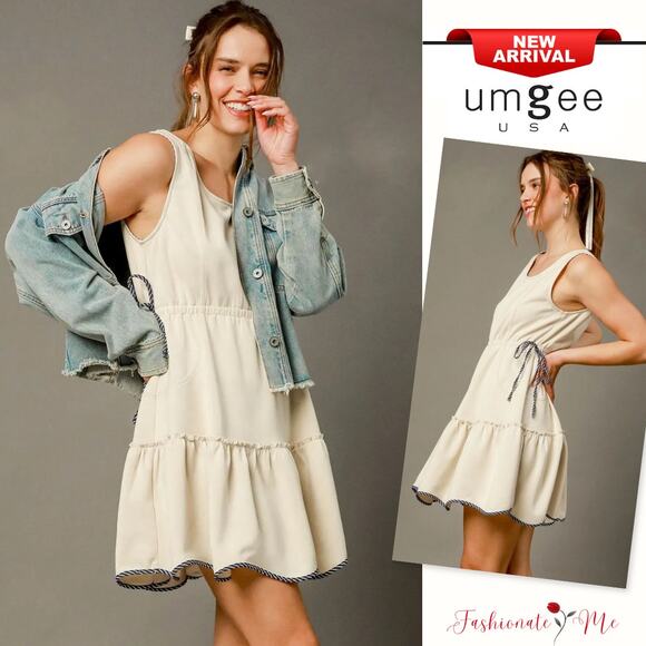 Umgee Frill Drawstring Waist Scoop Neck Loose Fit Casual Mini Tank Dress | Cream - Picture 1 of 4
